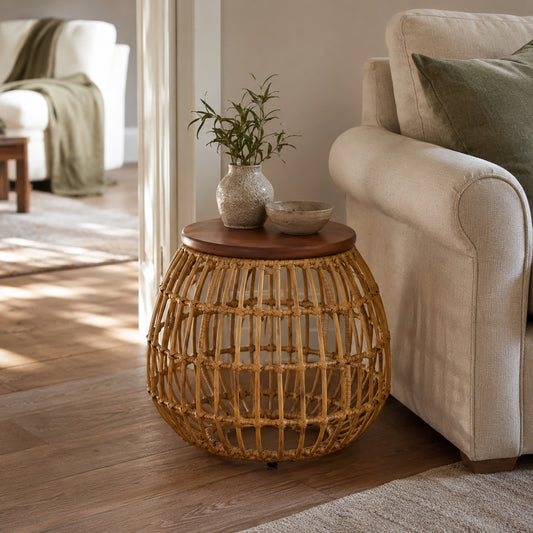 Rattan Wood Top Table - Natural