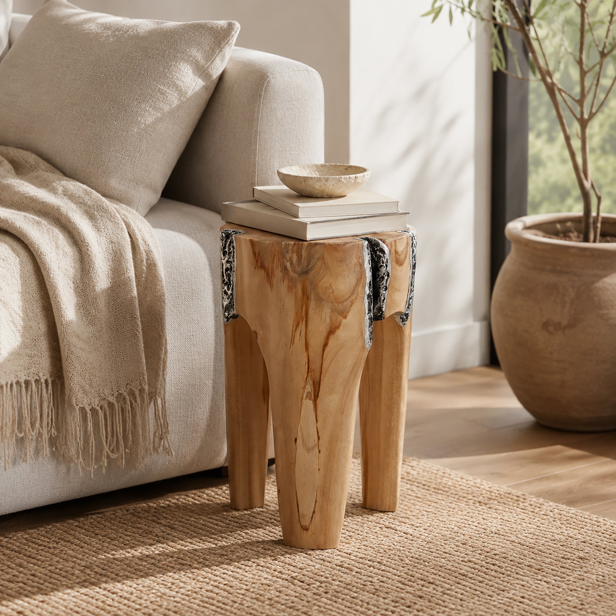 Java Teak Root Stool - Metal