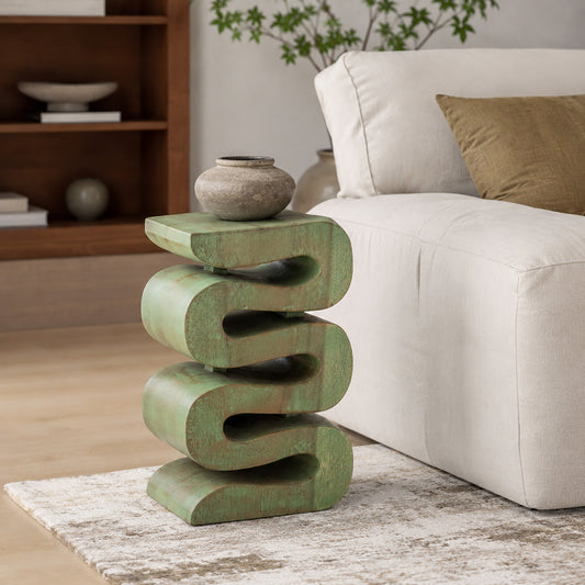 Aspen Hand Carved End Table - Green Wash
