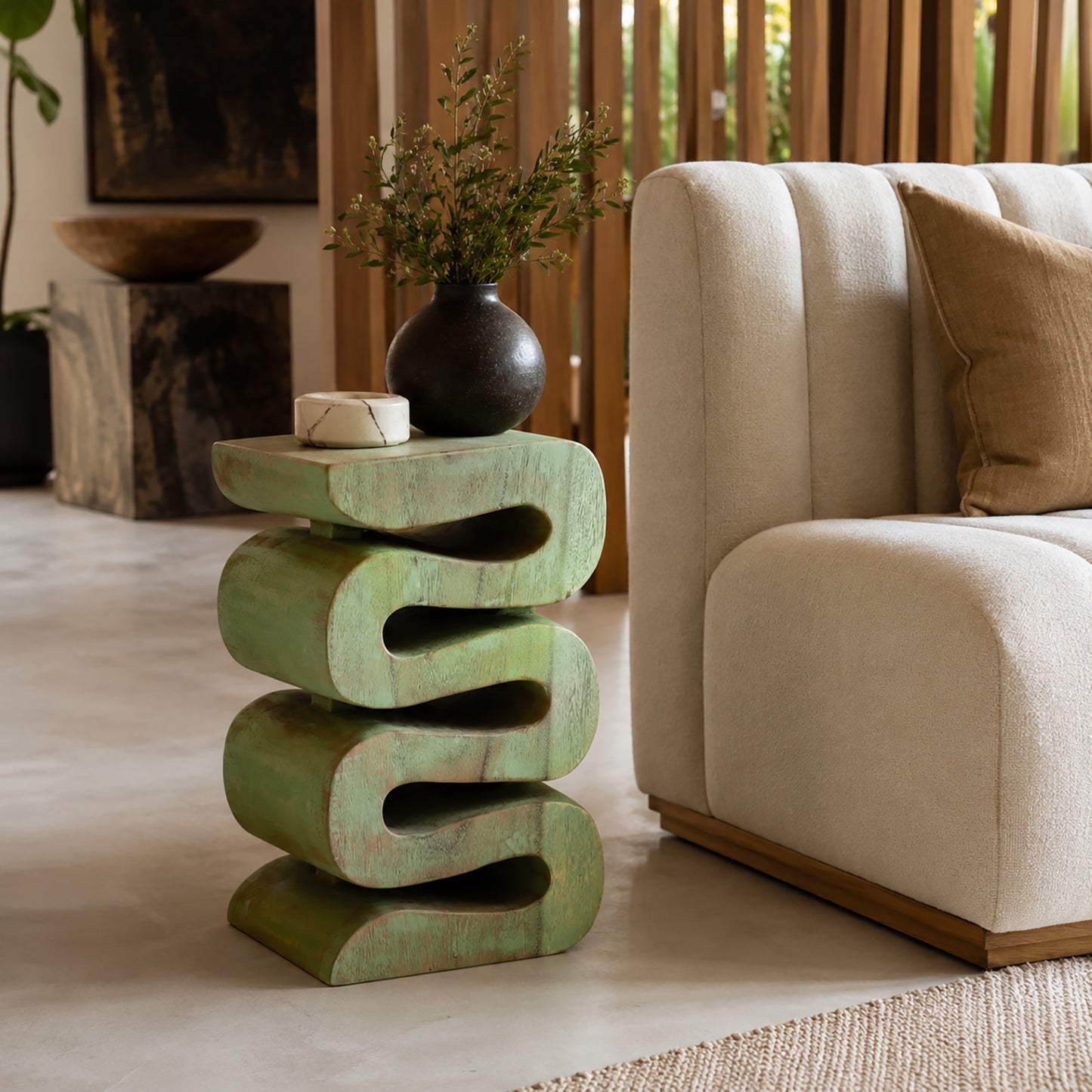 Aspen Hand Carved End Table - Green Wash