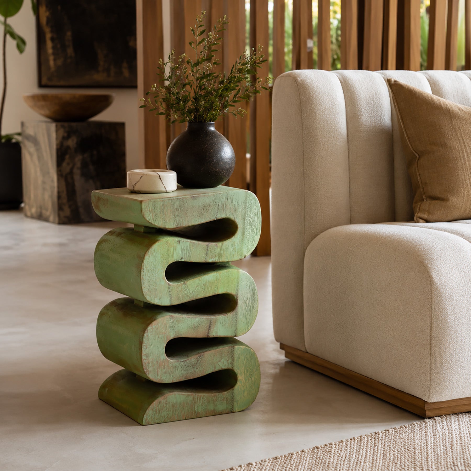 Aspen Hand Carved End Table - Green Wash