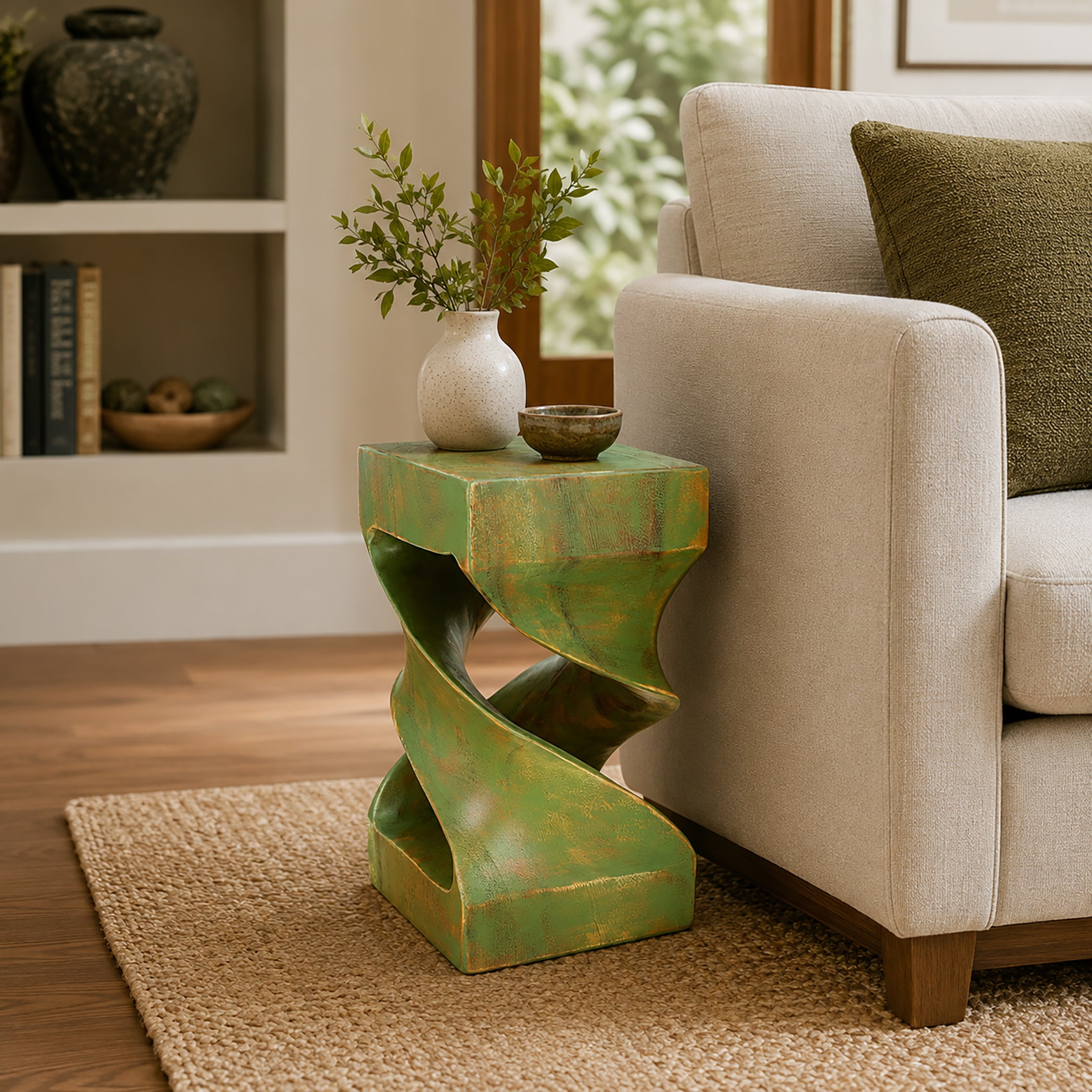Kinsale Hand Carved End Table - Green Wash